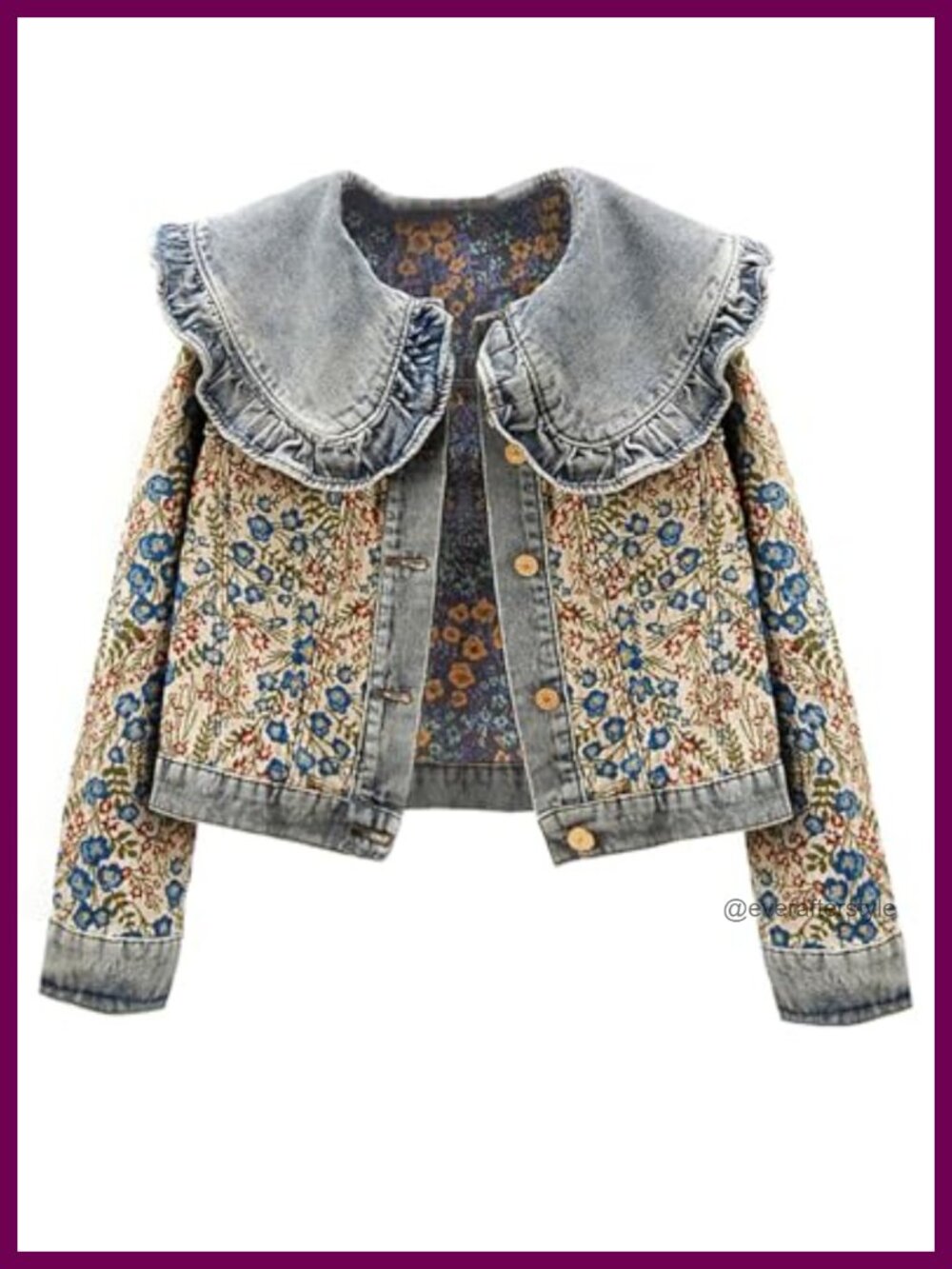 Jacquard Denim Jacket Long Sleeve Peter Pan Collar Floral Crop Shacket